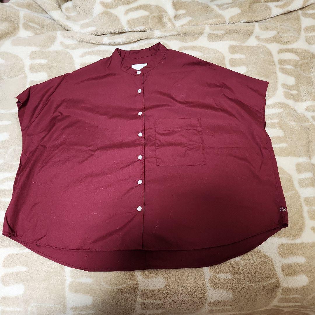 HUIS 遠州織物 ギザコットンブロードバンドカラー半袖ワイドブラウス ザクロ