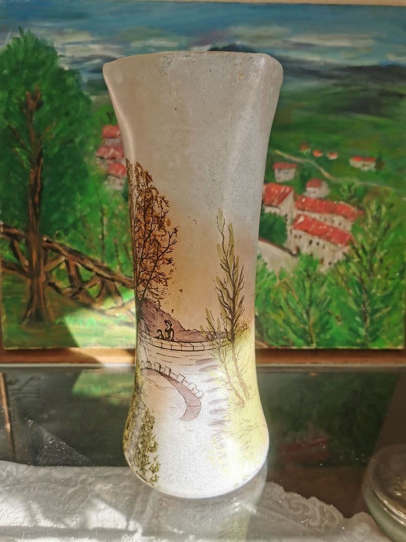 アンティーク ルグラ 橋上の母娘 ≒29㎝大型ガラス花瓶 アールヌーヴォー手描