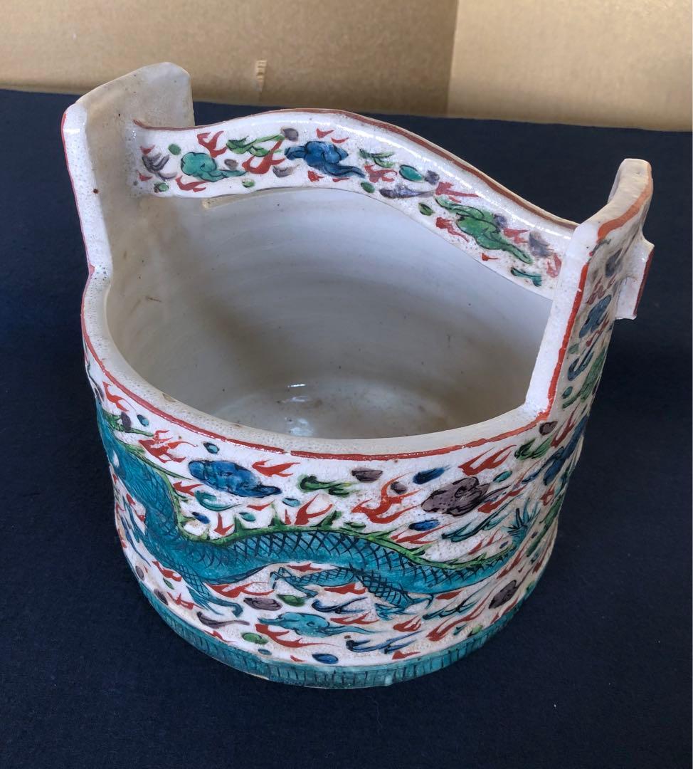 《レ》支那焼 龍 手付水指 手桶 塗蓋付 萬歴年製 木箱　251027う1