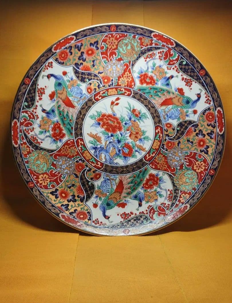 【美品】特大　絵皿　飾り皿　花鳥絵　置物　インテリア　工芸品　美術品　A3078