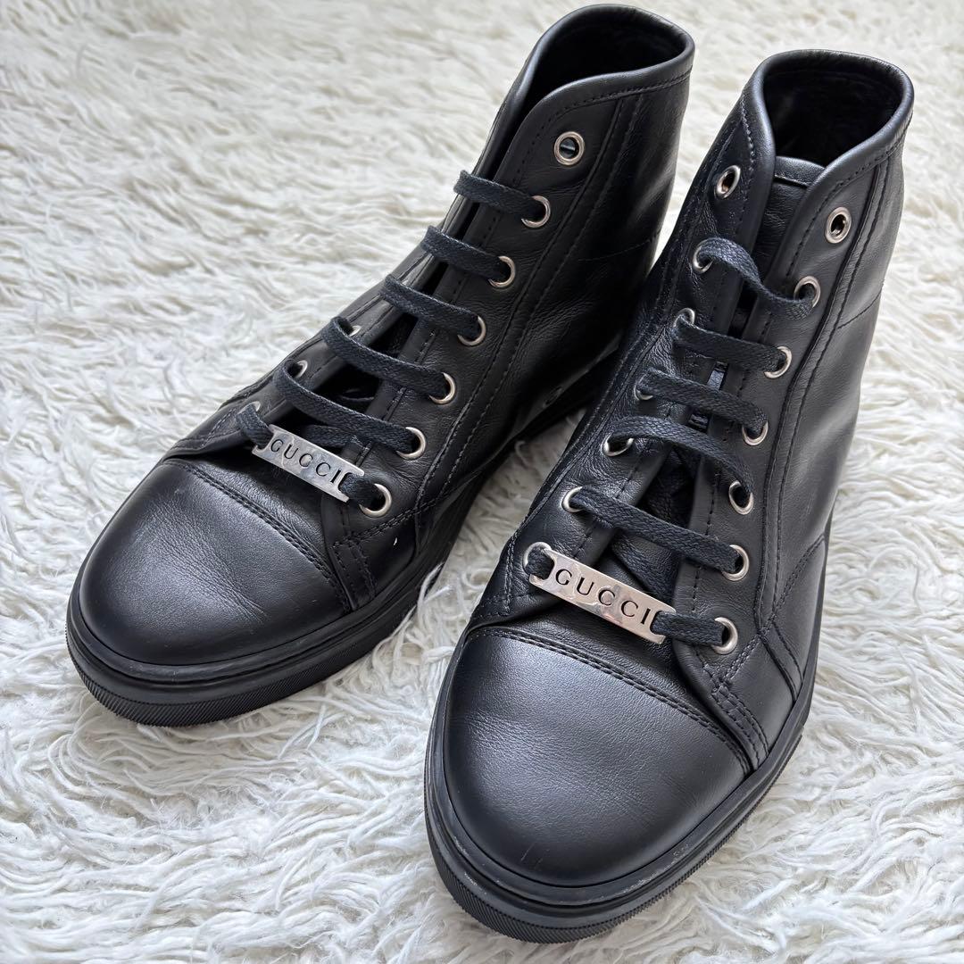 美品　GUCCI 423299 ロゴプレート23cm ハイカットスニーカー 黒