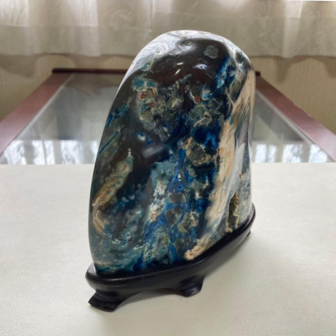 瑪瑙 メノウ 鑑賞石 飾り石 置物 オブジェ 木製 台座付き 青 ブルー レトロ
