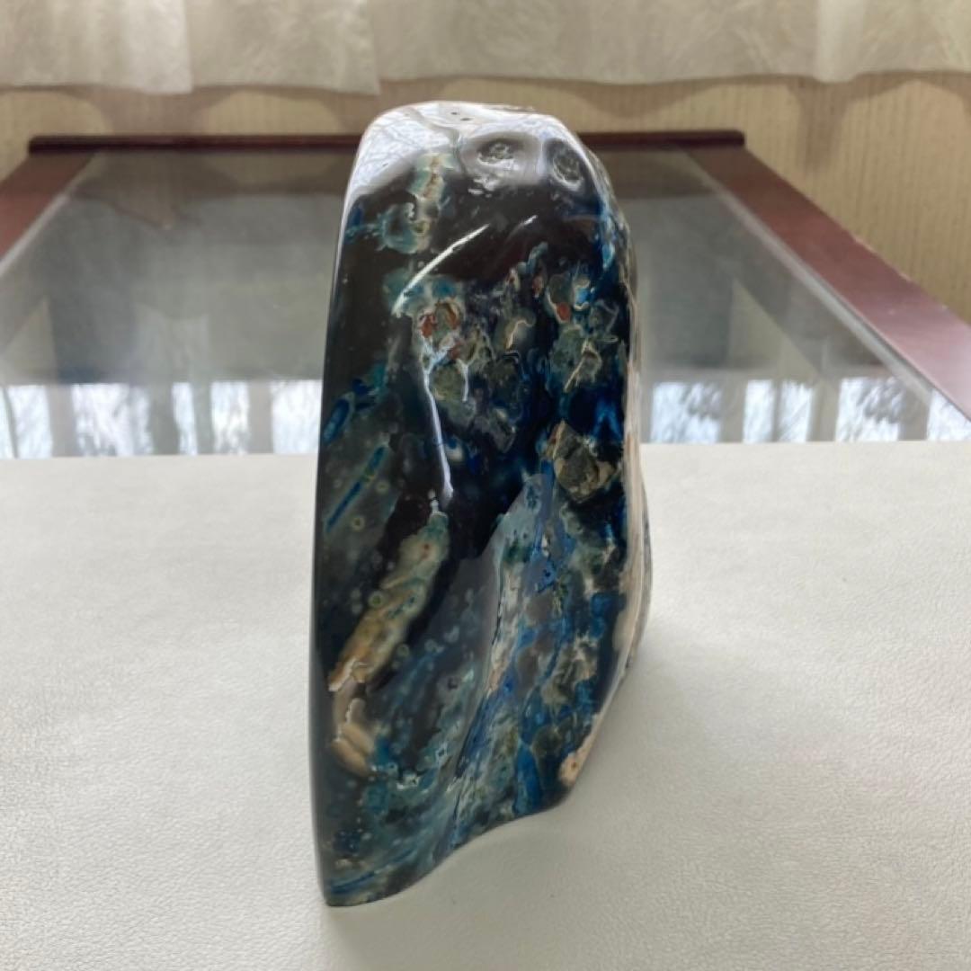 瑪瑙 メノウ 鑑賞石 飾り石 置物 オブジェ 木製 台座付き 青 ブルー レトロ