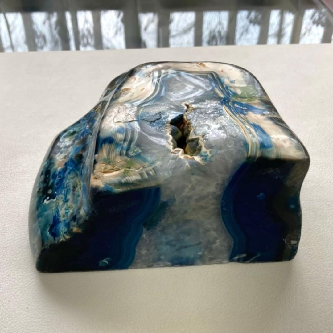 瑪瑙 メノウ 鑑賞石 飾り石 置物 オブジェ 木製 台座付き 青 ブルー レトロ