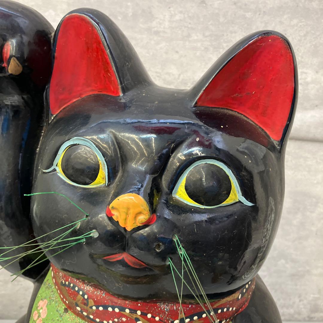 昭和レトロ 陶器製 貯金箱 黒猫 大型招き猫 まねきねこ 億万両 古道具オブジェ
