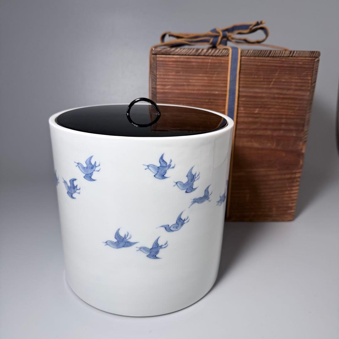 明治大正期　平戸焼　染付鳥文様水指　共箱　特注蓋付　茶道具　裏千家　表千家