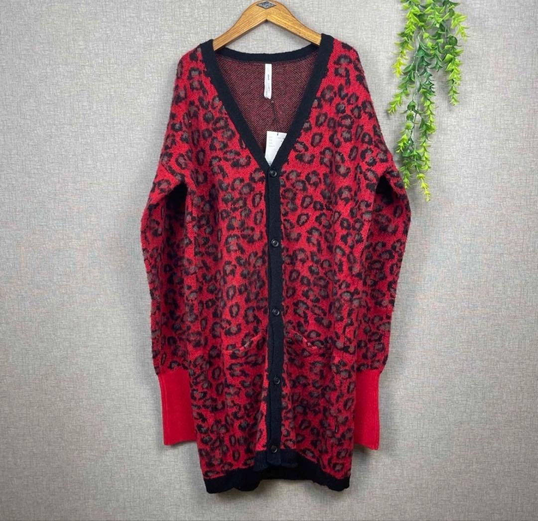 【美品】glamb グラム レオパード ロングニットカーディガン レッド