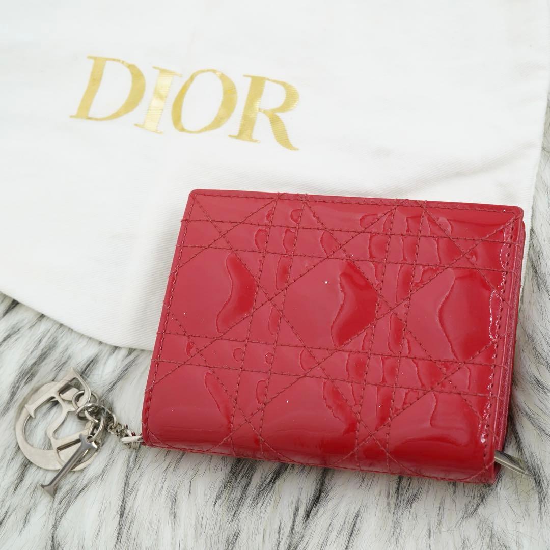 極美品　Christian Dior 二つ折り財布　レザー　チャーム付き　レッド