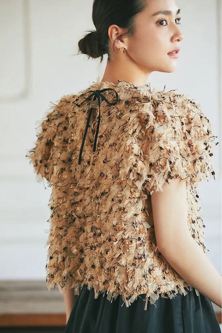 SEVEN TEN フリンジチュールトップス　ベージュ　Sサイズ　セブンテン