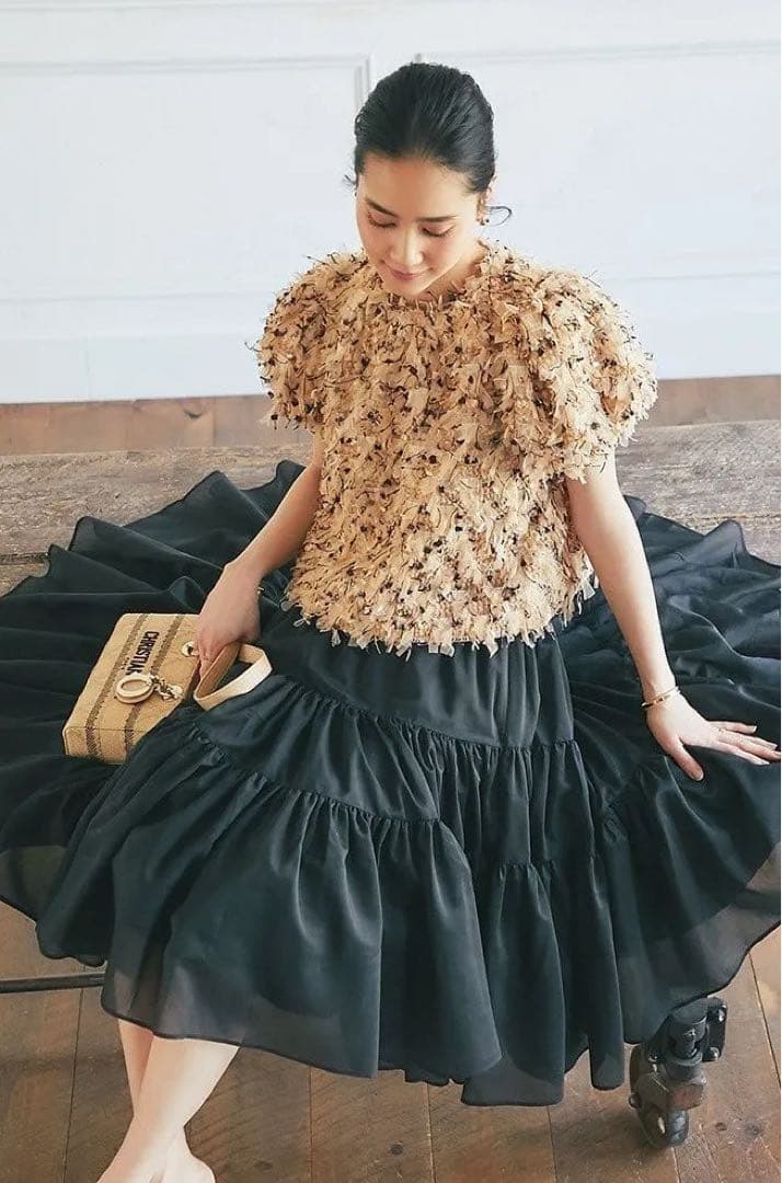 SEVEN TEN フリンジチュールトップス　ベージュ　Sサイズ　セブンテン