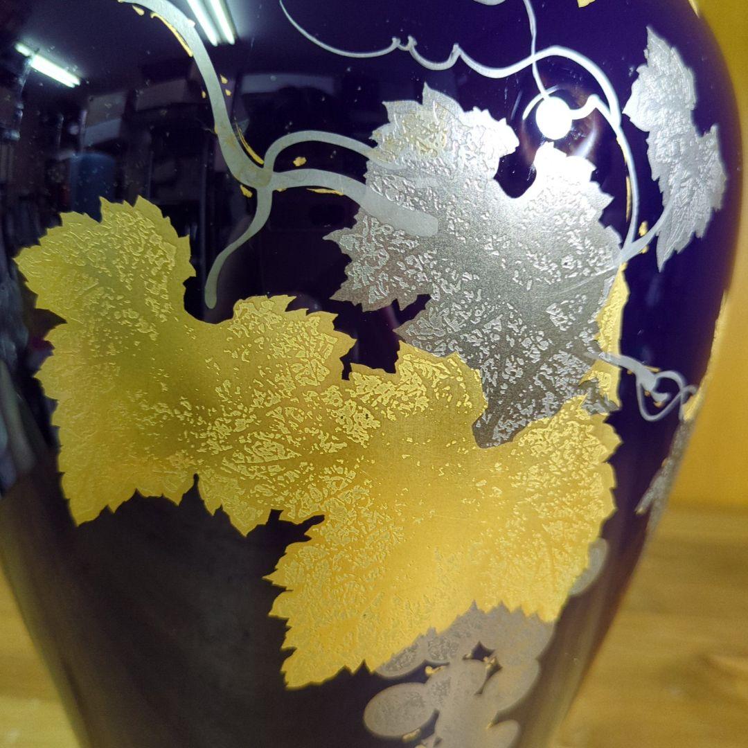 大倉陶園　瑠璃金蝕ぶどう 36cm花生　瑠璃色　花瓶 （定価22万円）