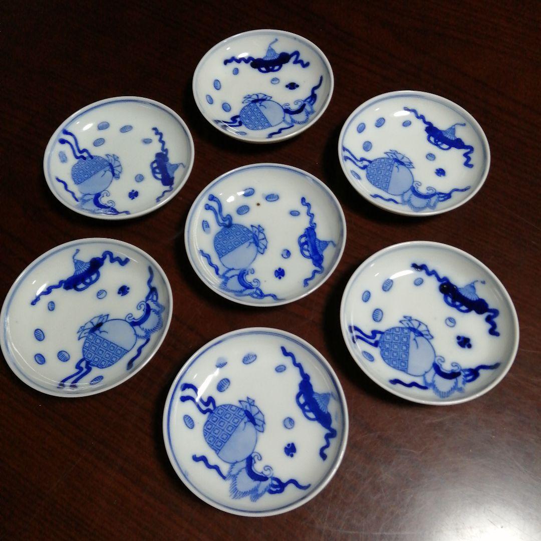 伊万里　染付宝尽小皿　7枚　11cm　明治〜大正期