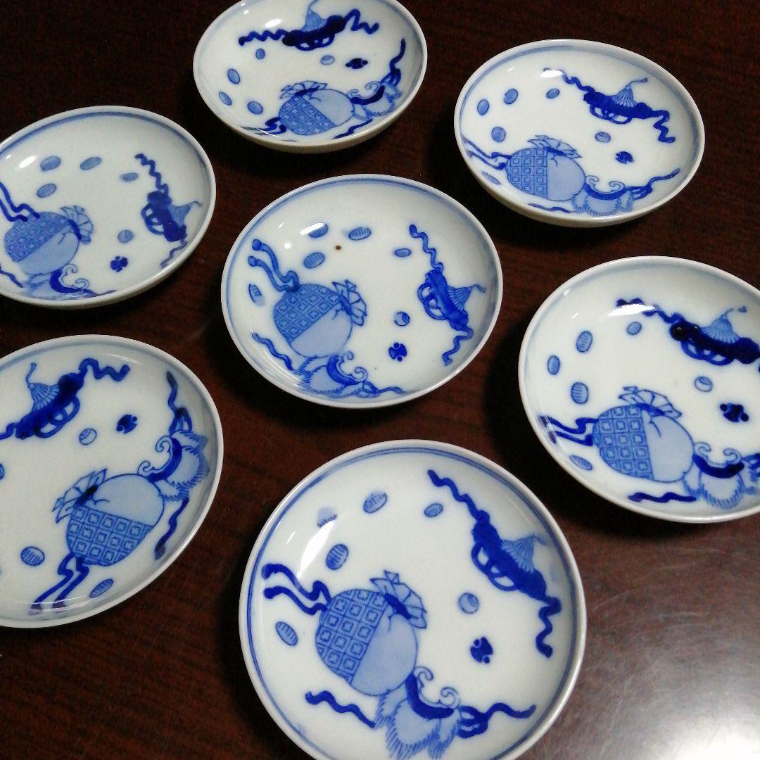 伊万里　染付宝尽小皿　7枚　11cm　明治〜大正期