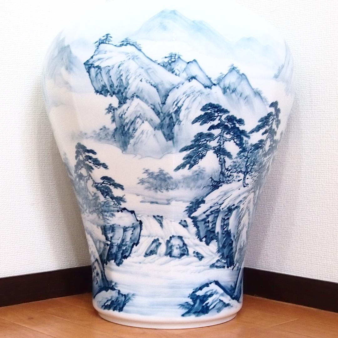 【美品】有田焼 沈香壺 勝雲作/藤井勝雲 絵付師:金武自然 山水染付 壷/つぼ