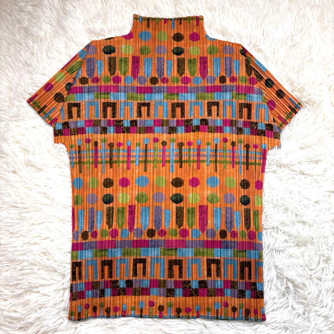 イッセイミヤケ　プリーツプリーズ　半袖　カットソー　マルチカラー　総柄　図形柄