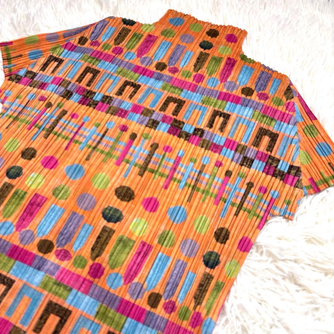 イッセイミヤケ　プリーツプリーズ　半袖　カットソー　マルチカラー　総柄　図形柄