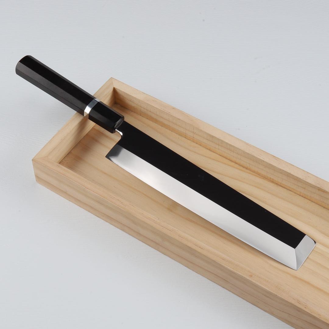 7455角型薄刃 8寸 ウルトラ鏡面仕上げ 刺身包丁 黒檀黒水牛角一本銀巻八角柄