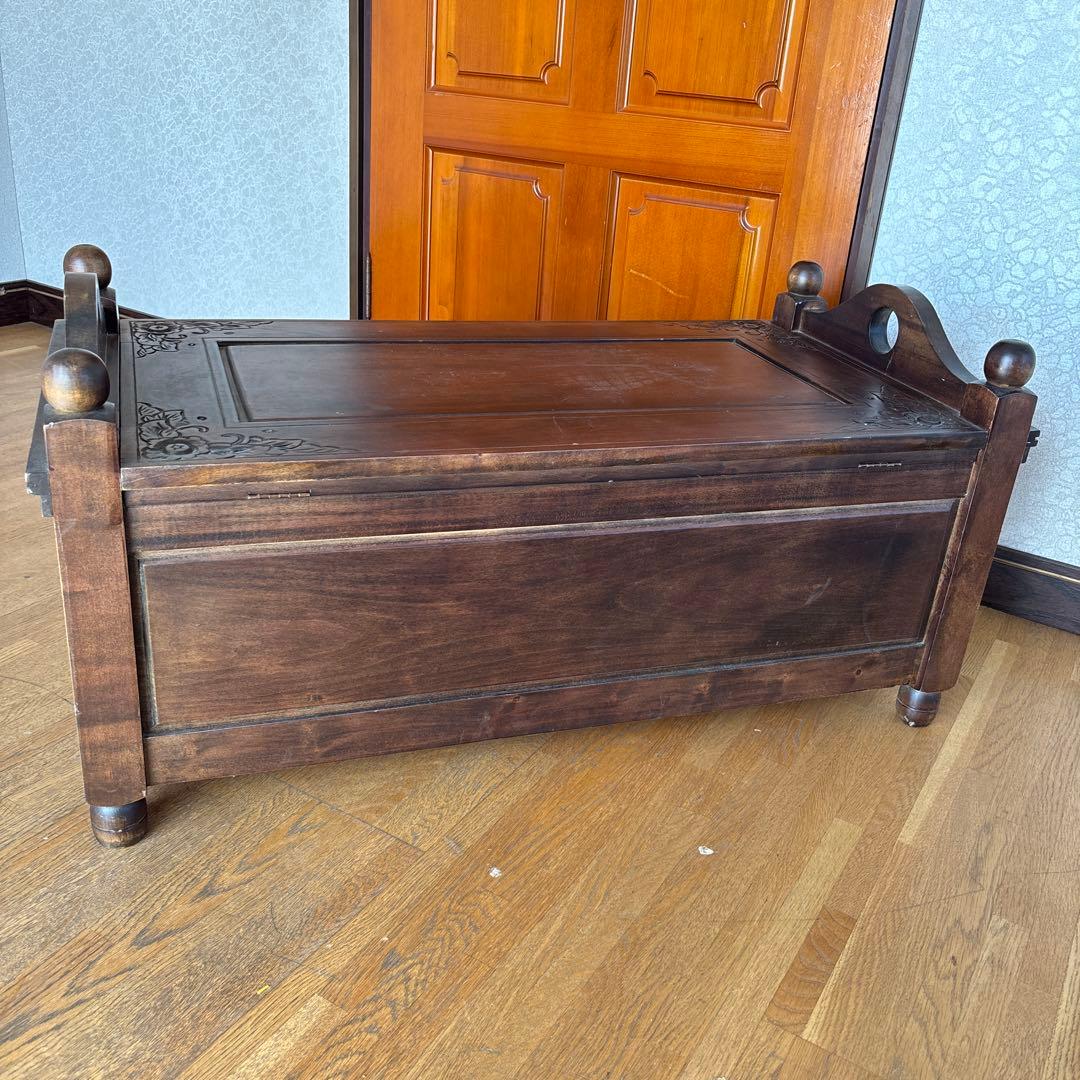 アンティーク調　収納付き木製ベンチ