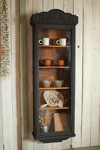 古い壁掛け木枠ガラス戸棚　5段　食器棚　飾り棚　ウォールラック　古家具　古道具