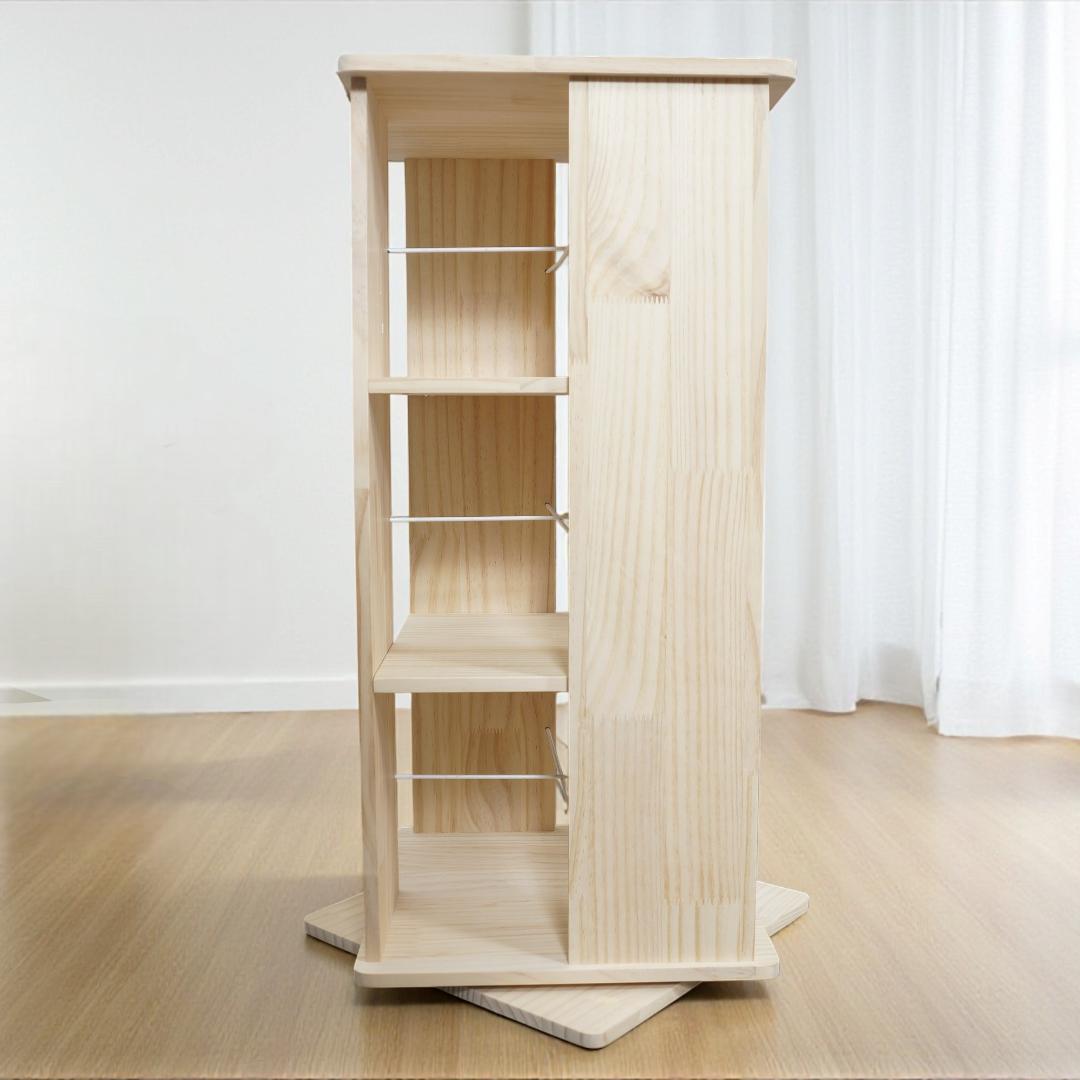 【新品】天然木　回転ラック　角型3段　360度回転　本棚　アウトレット