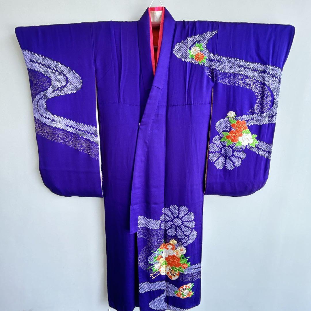 セット　七五三　7歳女の子　長着＆袋帯＆長襦袢＆小物　紫　しぼり　豪華刺繡　地紋