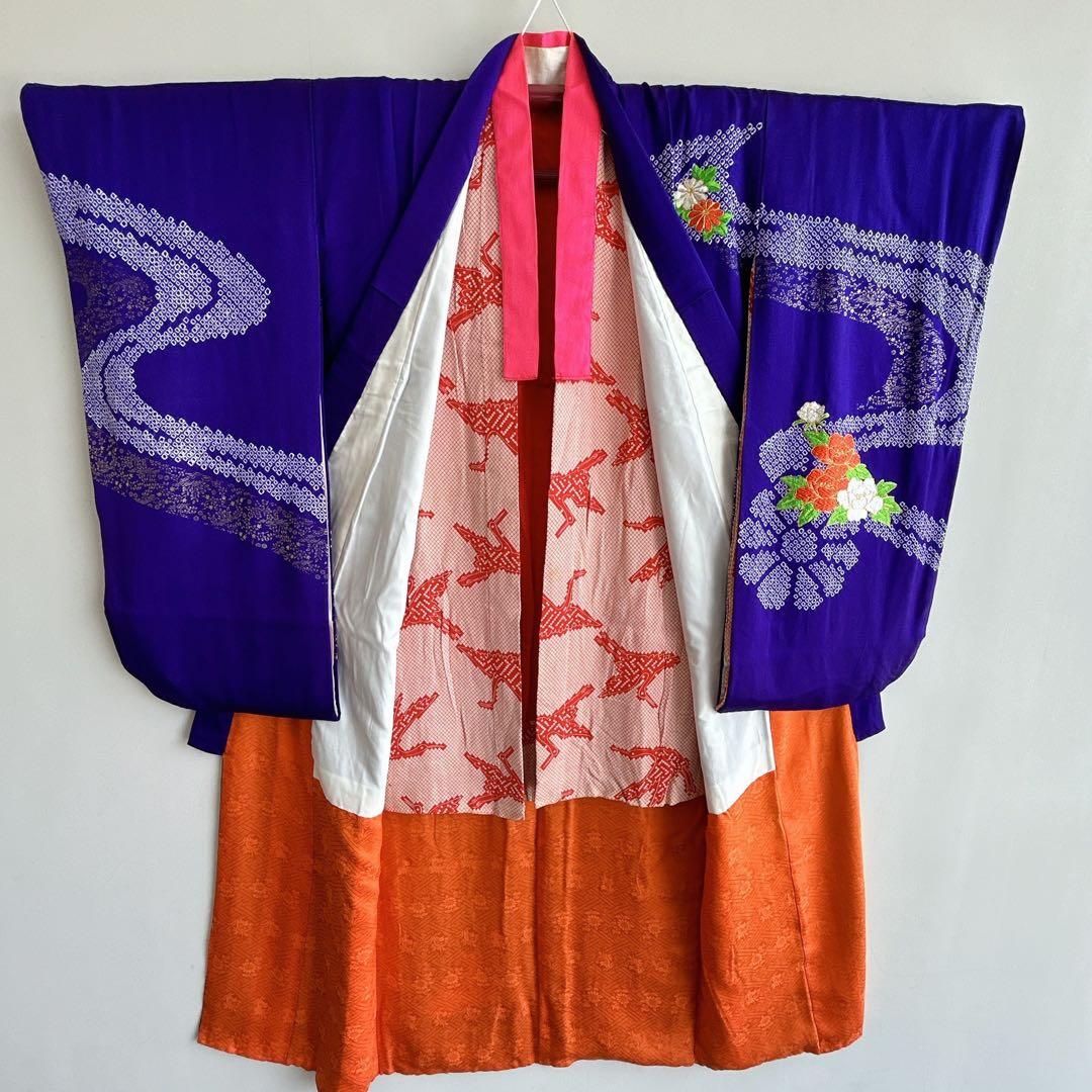 セット　七五三　7歳女の子　長着＆袋帯＆長襦袢＆小物　紫　しぼり　豪華刺繡　地紋