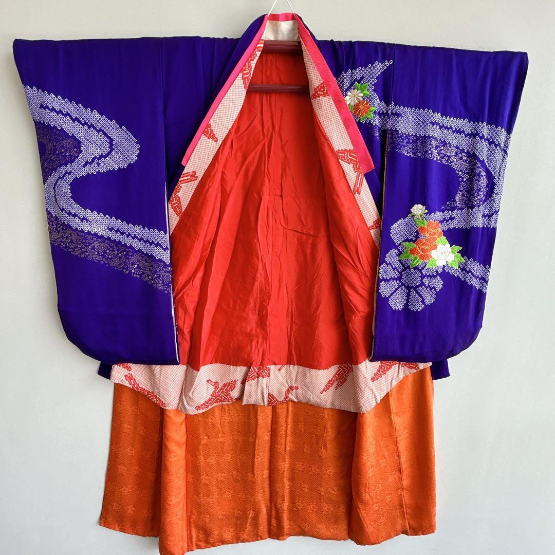 セット　七五三　7歳女の子　長着＆袋帯＆長襦袢＆小物　紫　しぼり　豪華刺繡　地紋