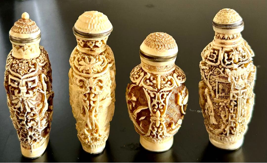 【中華民国骨董】ヴィンテージ 中国 彫刻樹脂 スナフボトル マッチングトップ4点