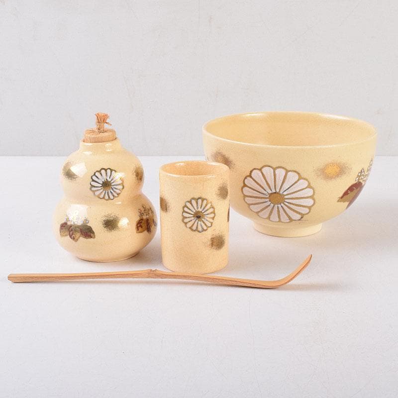 茶道具　面朱利休形茶箱　菊桐文茶碗　巾筒など　八点　一式　仕覆付　M　R9048