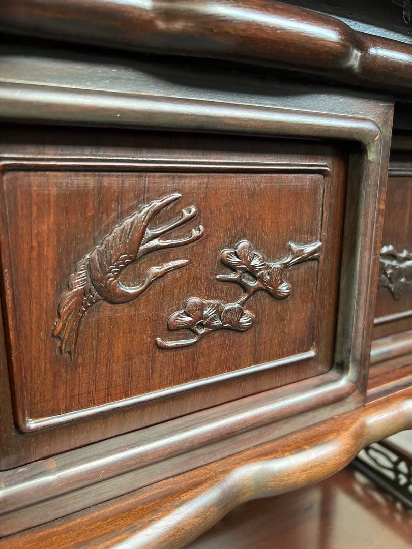 違い棚(高級)　紫檀　松と鶴模様　和家具 茶棚 茶箪笥 唐木　昭和レトロ