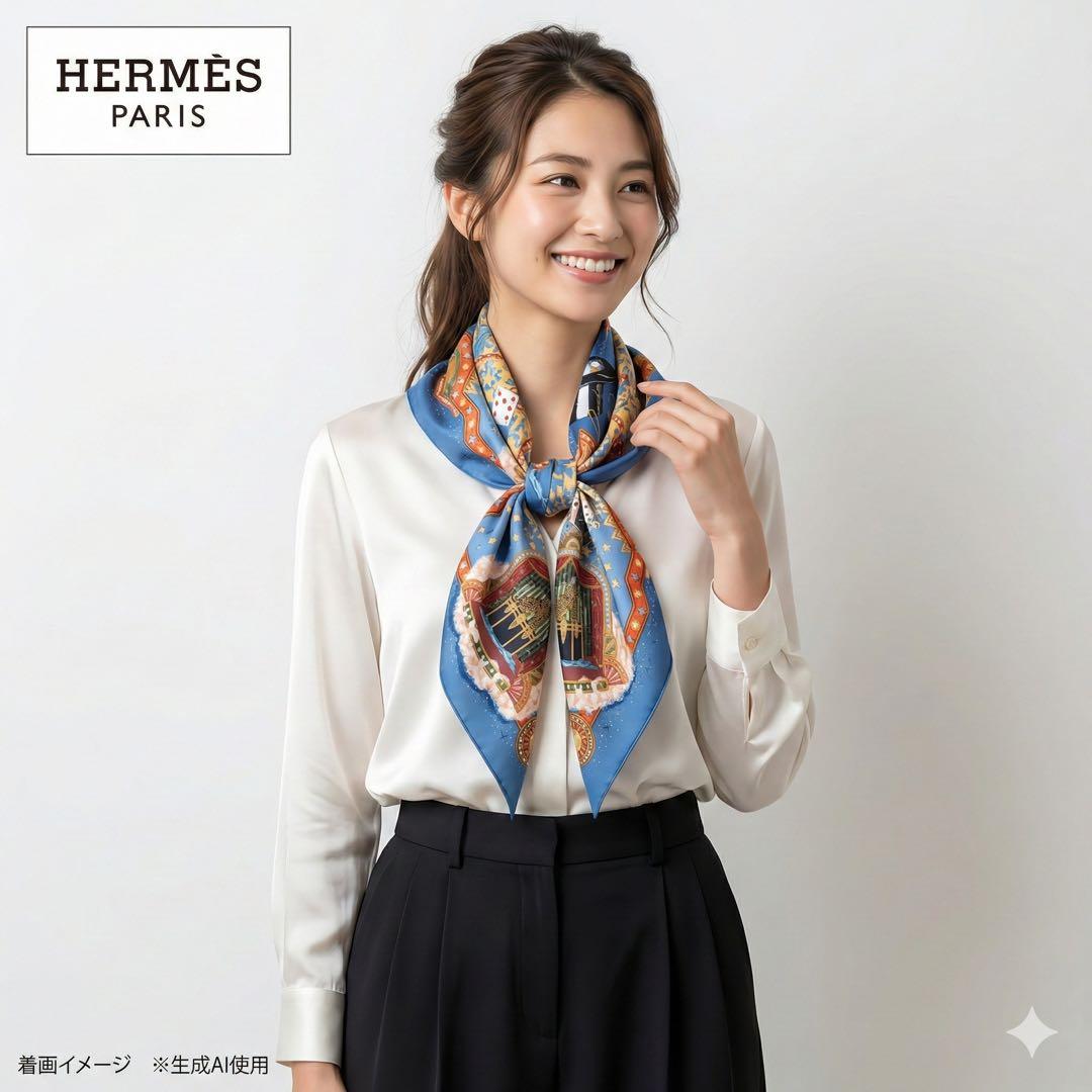 【美品】エルメス カレ90 LA MAGIE ラ・マジ シルクスカーフ ブルー