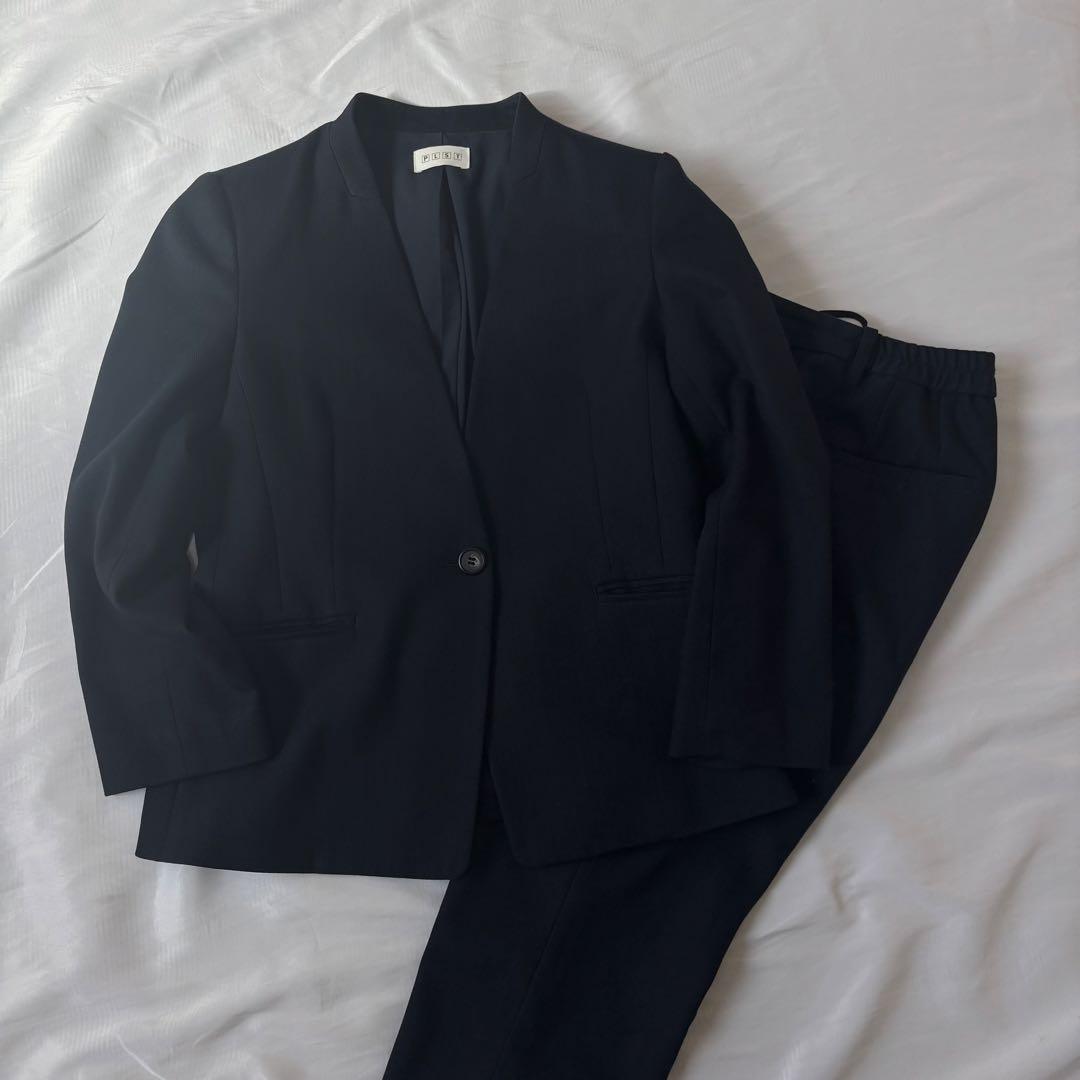 PLST ノーカラー セットアップ パンツスーツ Lサイズ 濃紺