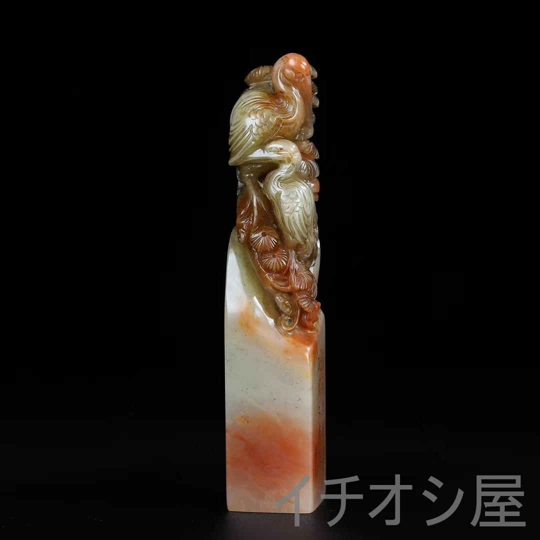 中国古美術【旧蔵 寿山 桃花凍石 松鶴 印章】篆刻 印材 印鑑 書道具 文房置物