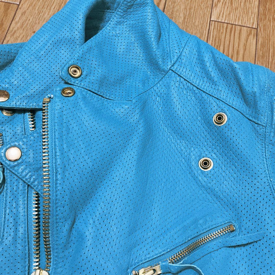 激レア ターコイズブルー パンチングレザーダブルライダースジャケット XS-S