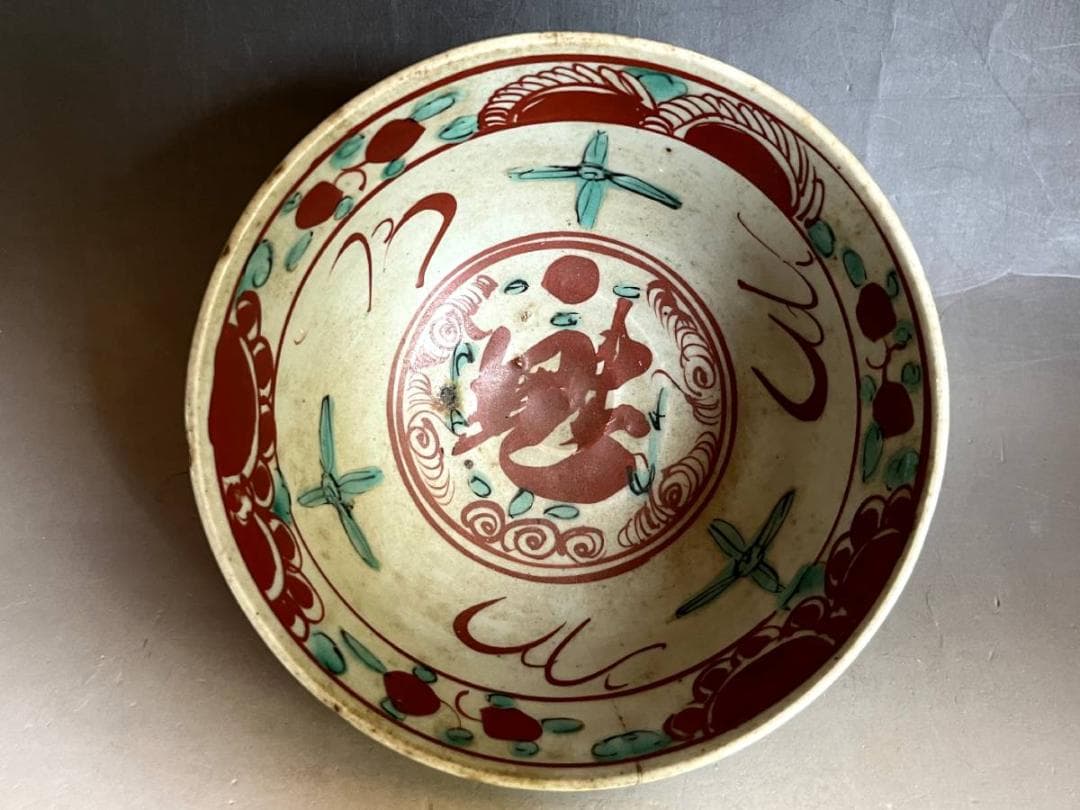 鉢■呉洲赤絵 魅手鉢 赤絵 鳳凰 花鳥紋 ニュウ有 古い大鉢 時代物 骨董品■