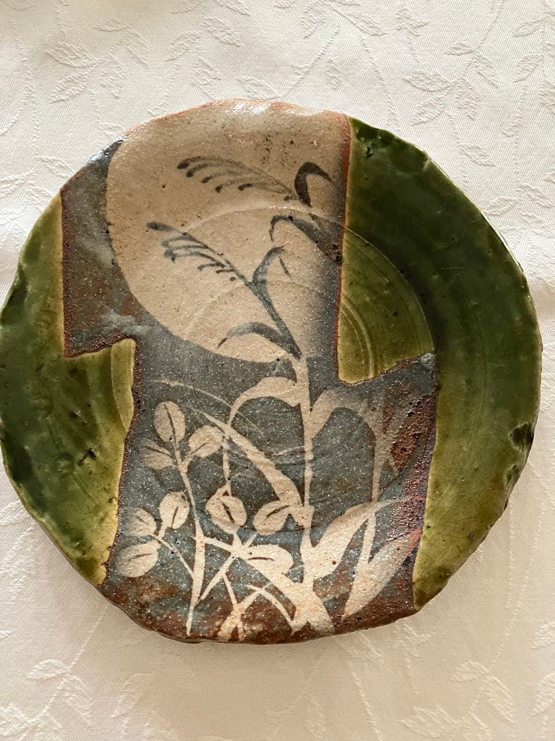 未使用❤️玉山窯 織部 中皿 名窯 秋 萩 ススキ 満月 ５枚 直径約19