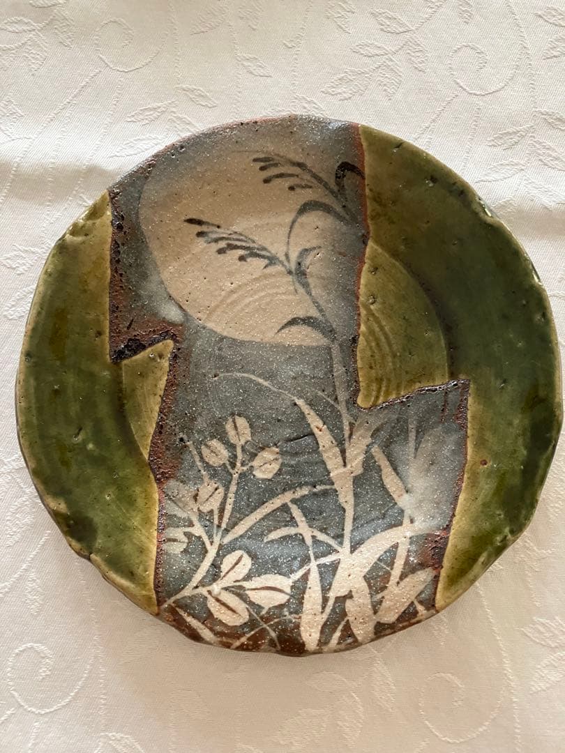 未使用❤️玉山窯 織部 中皿 名窯 秋 萩 ススキ 満月 ５枚 直径約19