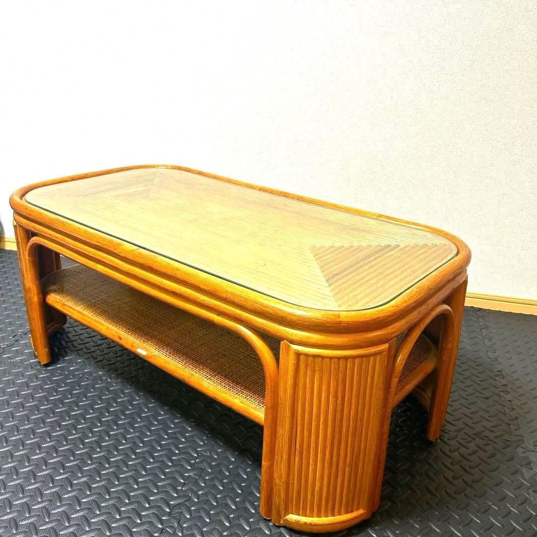 【良品】昭和レトロ ラタン ガラス天板 センターテーブル ローテーブル