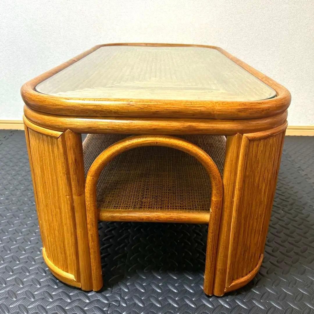 【良品】昭和レトロ ラタン ガラス天板 センターテーブル ローテーブル