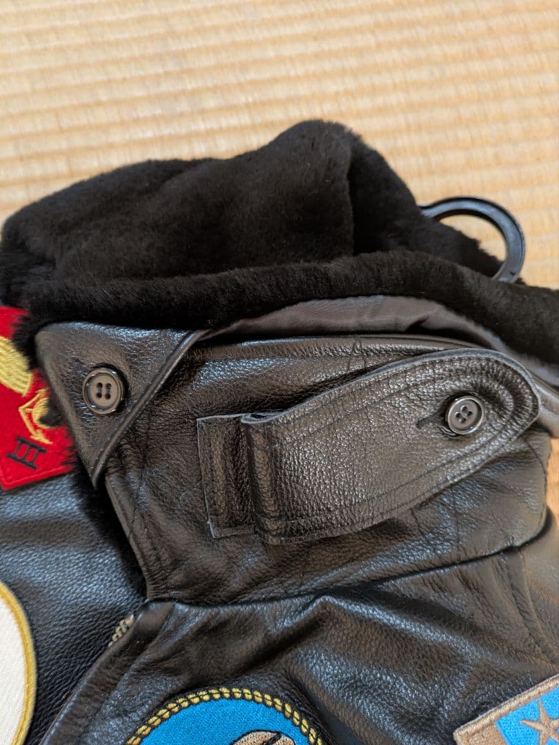 TOPGUN 黒 レザー ジャケット ファー付き 軍用パッチ G-1