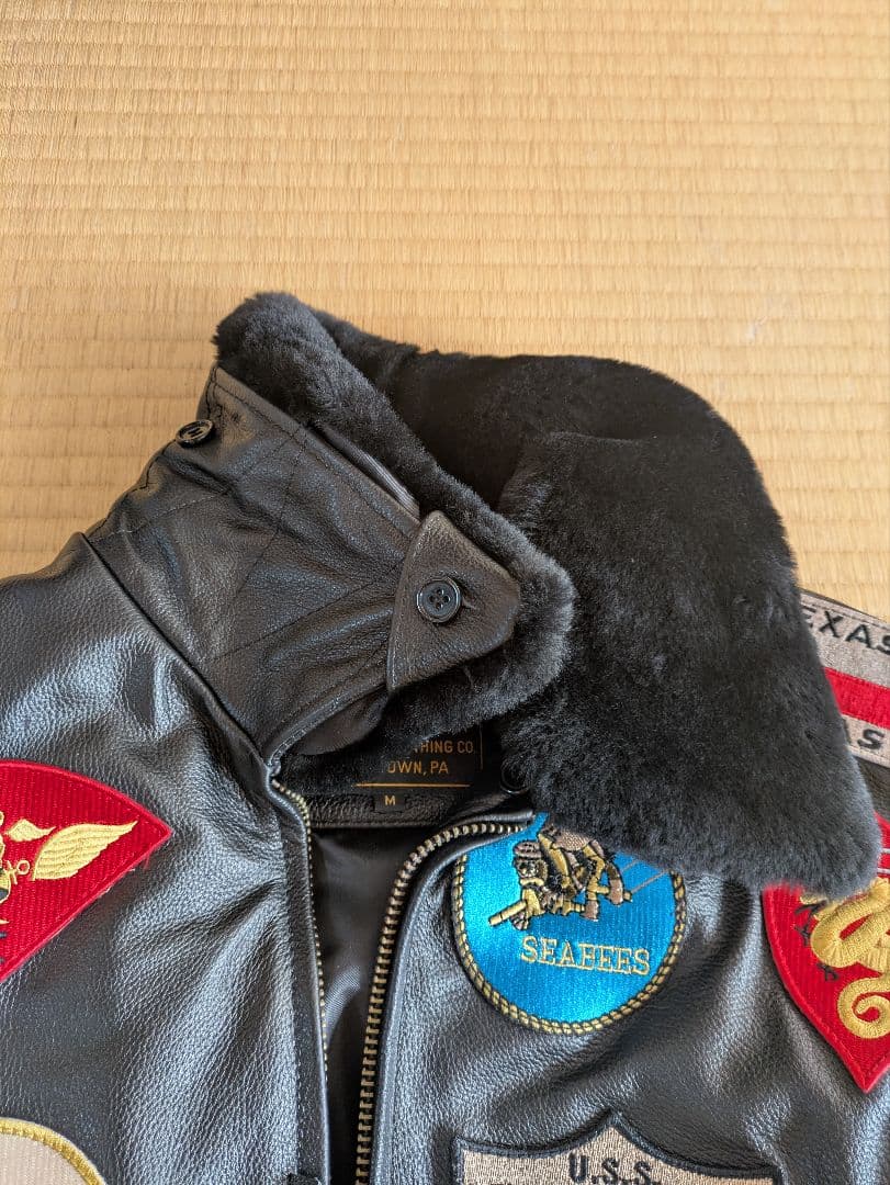 TOPGUN 黒 レザー ジャケット ファー付き 軍用パッチ G-1