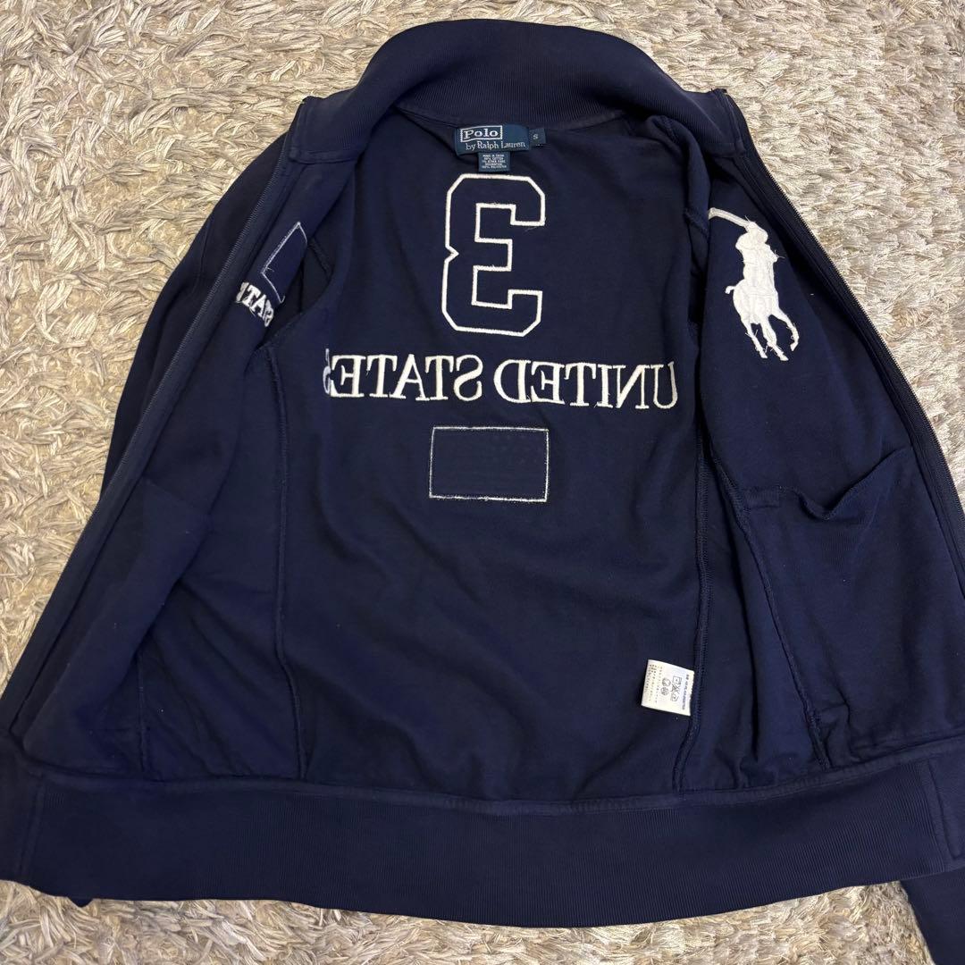 90sポロラルフローレン ネイビー ジップアップ スウェット アメリカ 国旗