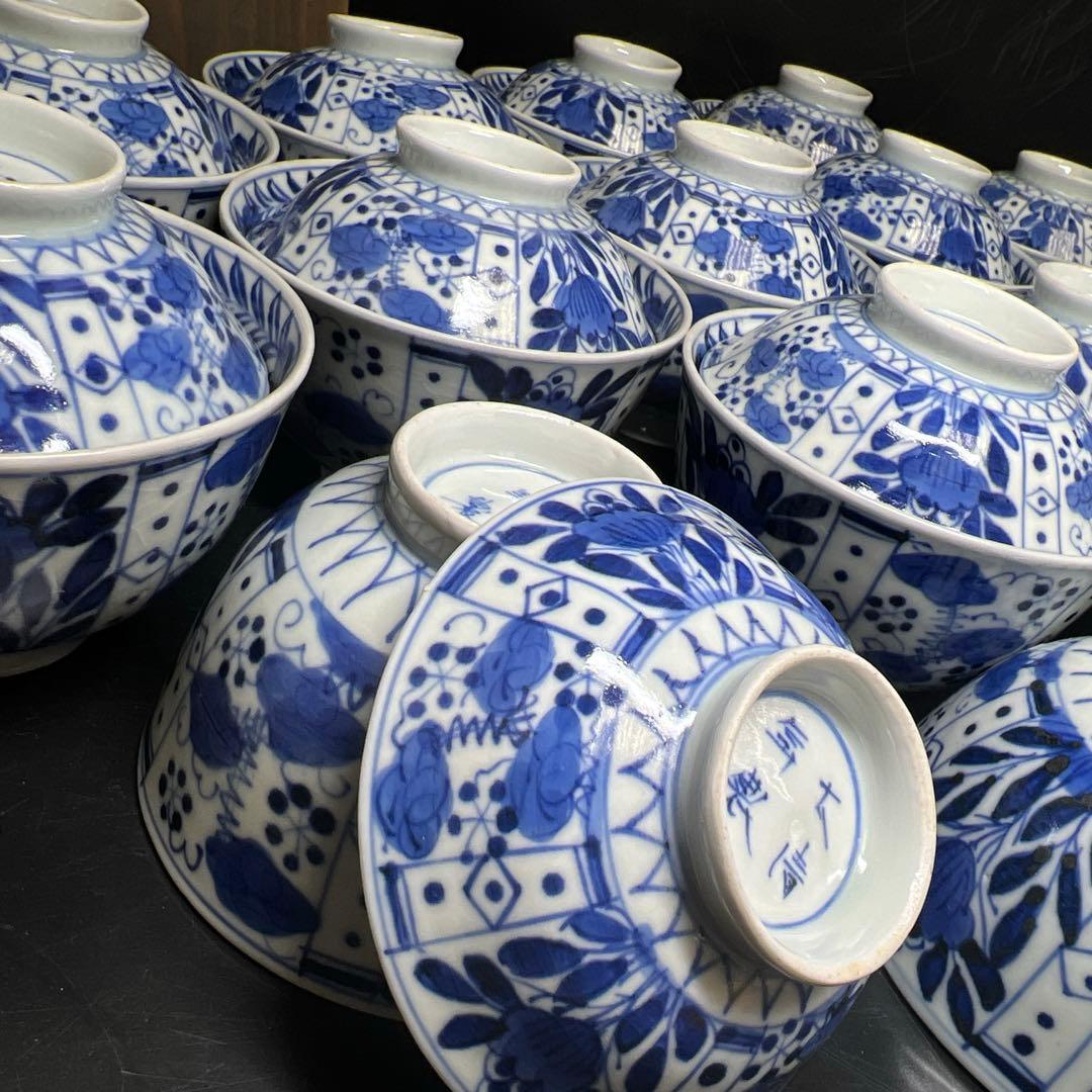 江戸中期　古伊万里染付芙蓉手蓋茶碗　14客と身1点　木箱　東Y8-0116☆2F