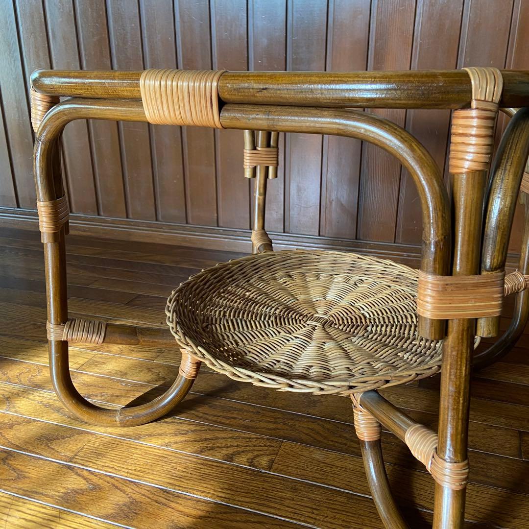 オールドラタン　サイドテーブル　ガラステーブル　籐家具　アンティーク家具