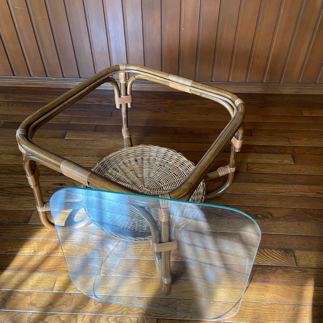 オールドラタン　サイドテーブル　ガラステーブル　籐家具　アンティーク家具