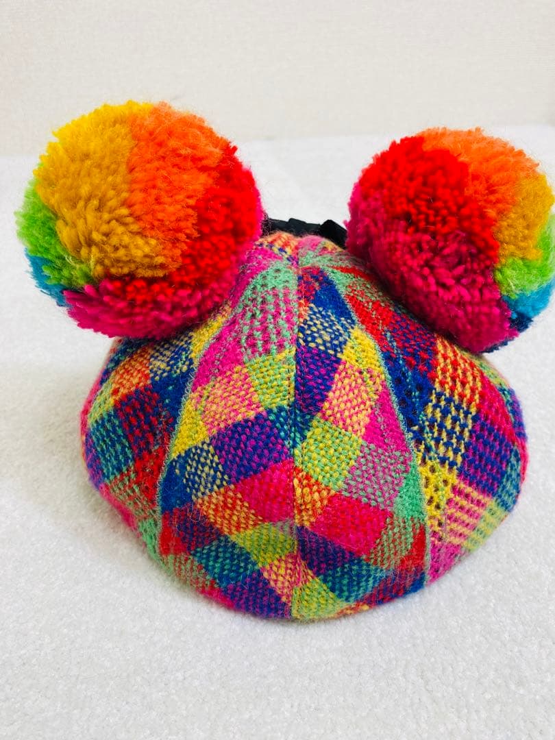 9048. 【レア】CA4LA モヘア マルチカラー リボン キャップ ぽんぽん