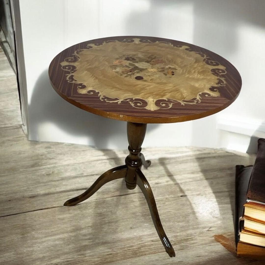 アンティークテーブル　象嵌細工 レトロ　サイドテーブル　丸　ヴィンテージ
