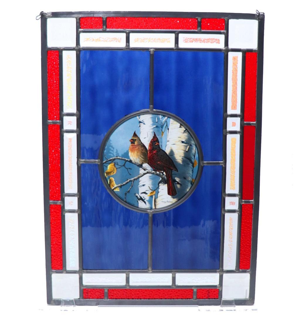 特大 二匹のショウジョウコウカンチョウ ヴィンテージ ステンドグラス アクリル