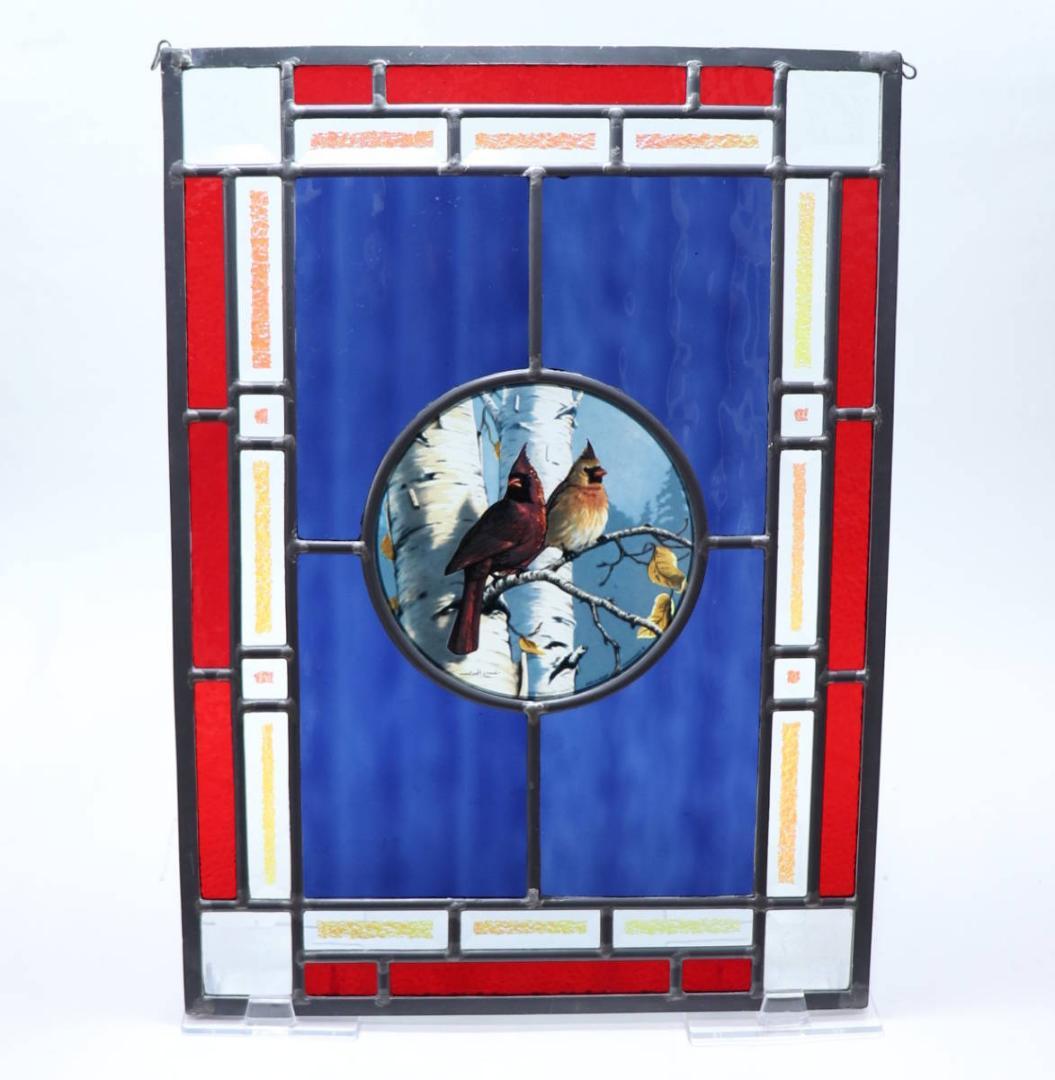 特大 二匹のショウジョウコウカンチョウ ヴィンテージ ステンドグラス アクリル