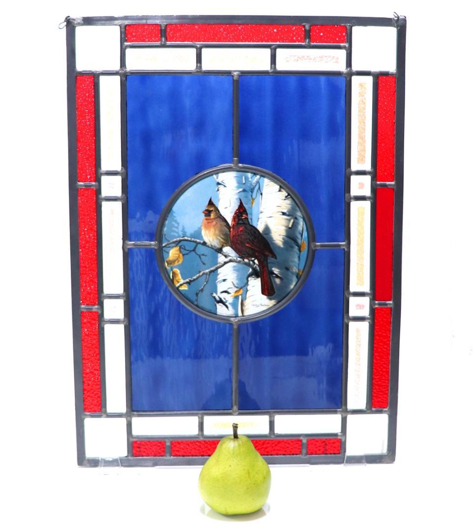 特大 二匹のショウジョウコウカンチョウ ヴィンテージ ステンドグラス アクリル